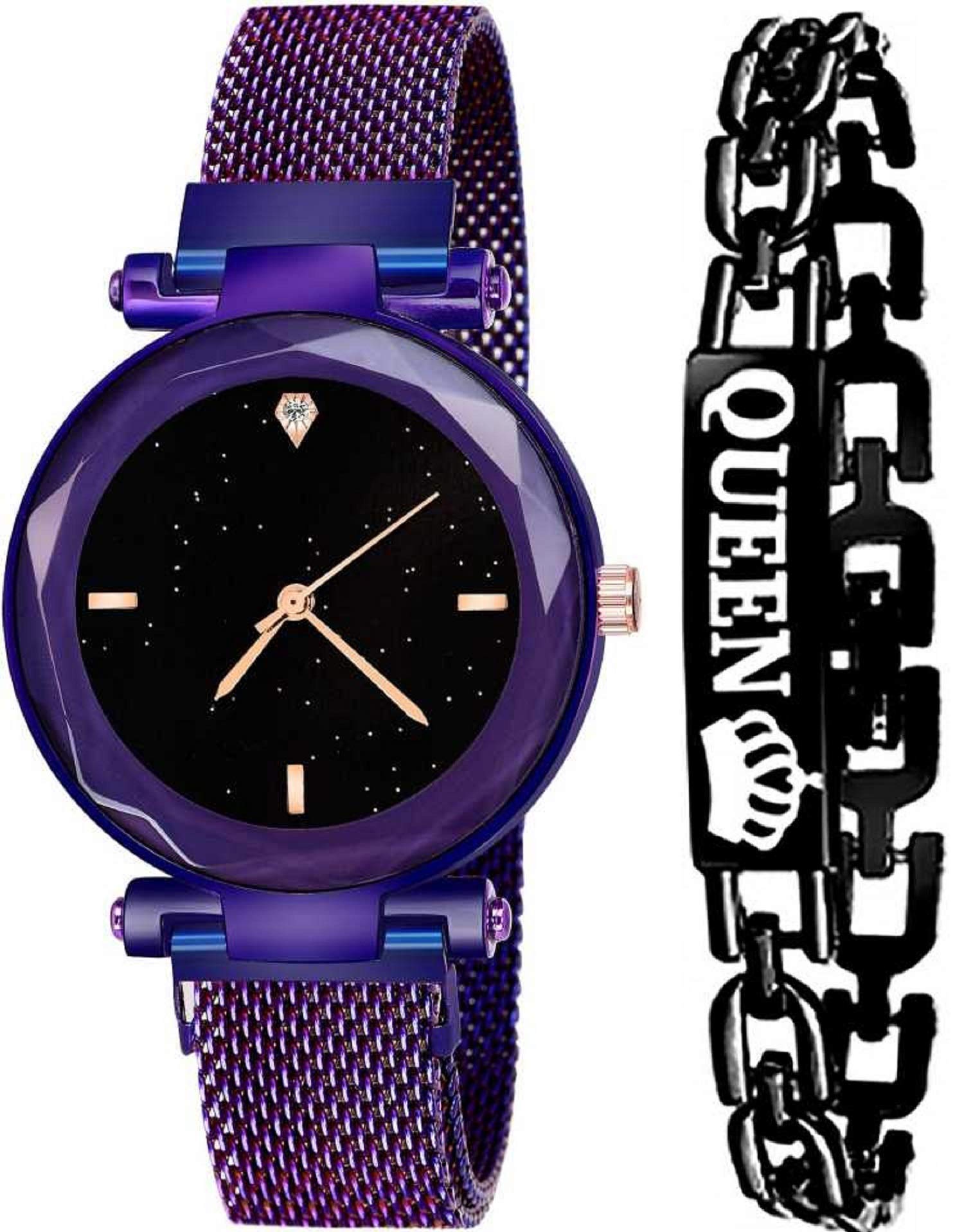 BID Hours 3,6,9 Represents Line and 12 Represent Diamond Blue 21st Century Magnet Analogue Women's Watch & Bracelets for Women and Girls (Purple)