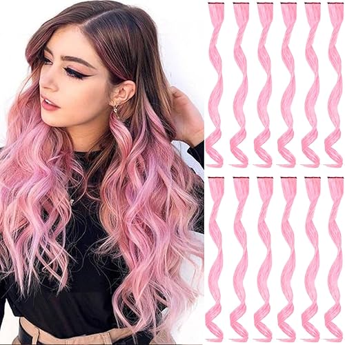 12 extensiones de cabello rosa con clip, extensiones rizadas y onduladas de color para niños y niñas, extensiones sintéticas con reflejos para