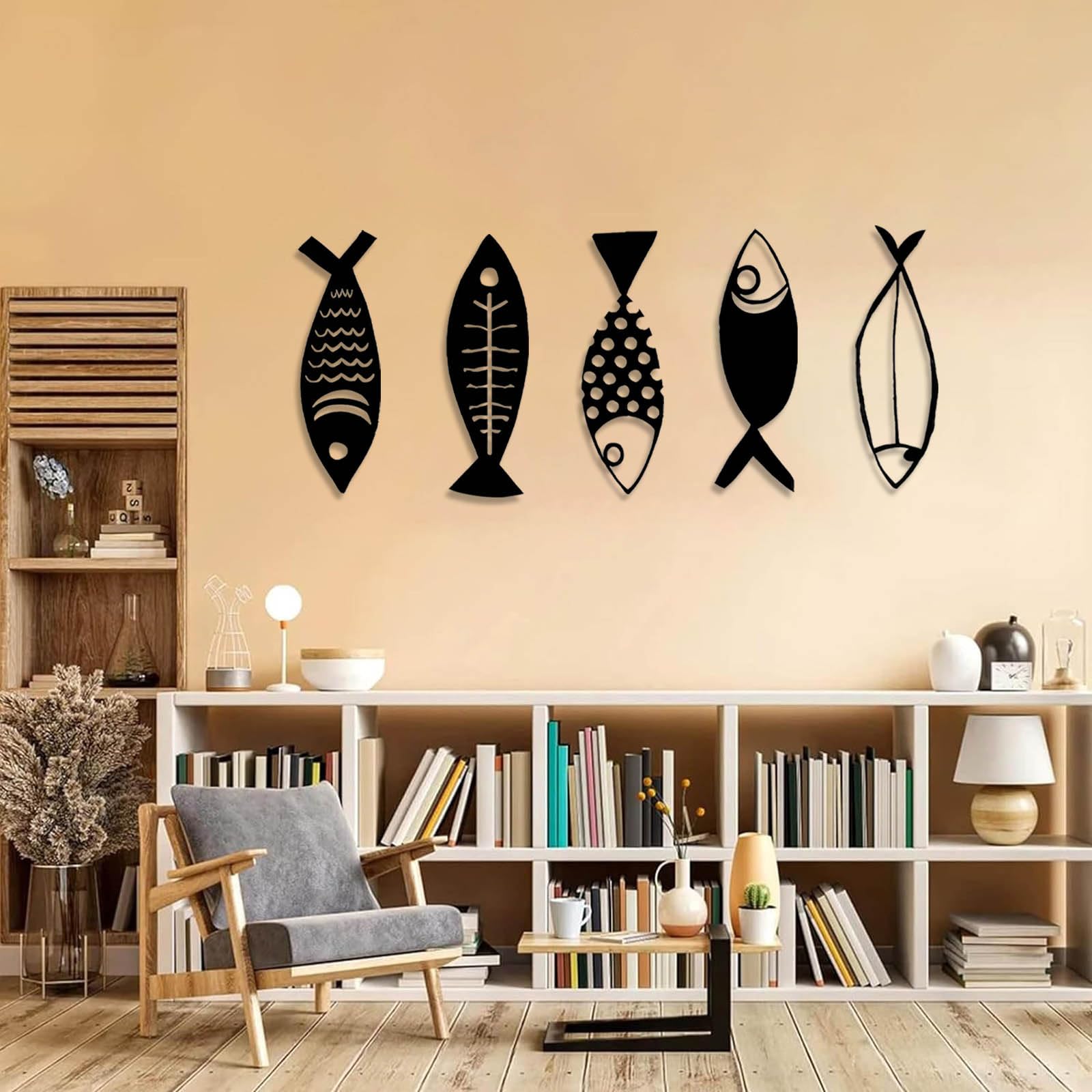 Metalowa, czarna sztuka ścienna z rybą, metalowa, minimalistyczna, oceaniczna, morska dekoracja ścienna, nowoczesna rzeźba z rybą do salonu, sypialni i przedpokoju (złoto, 35" x 15"