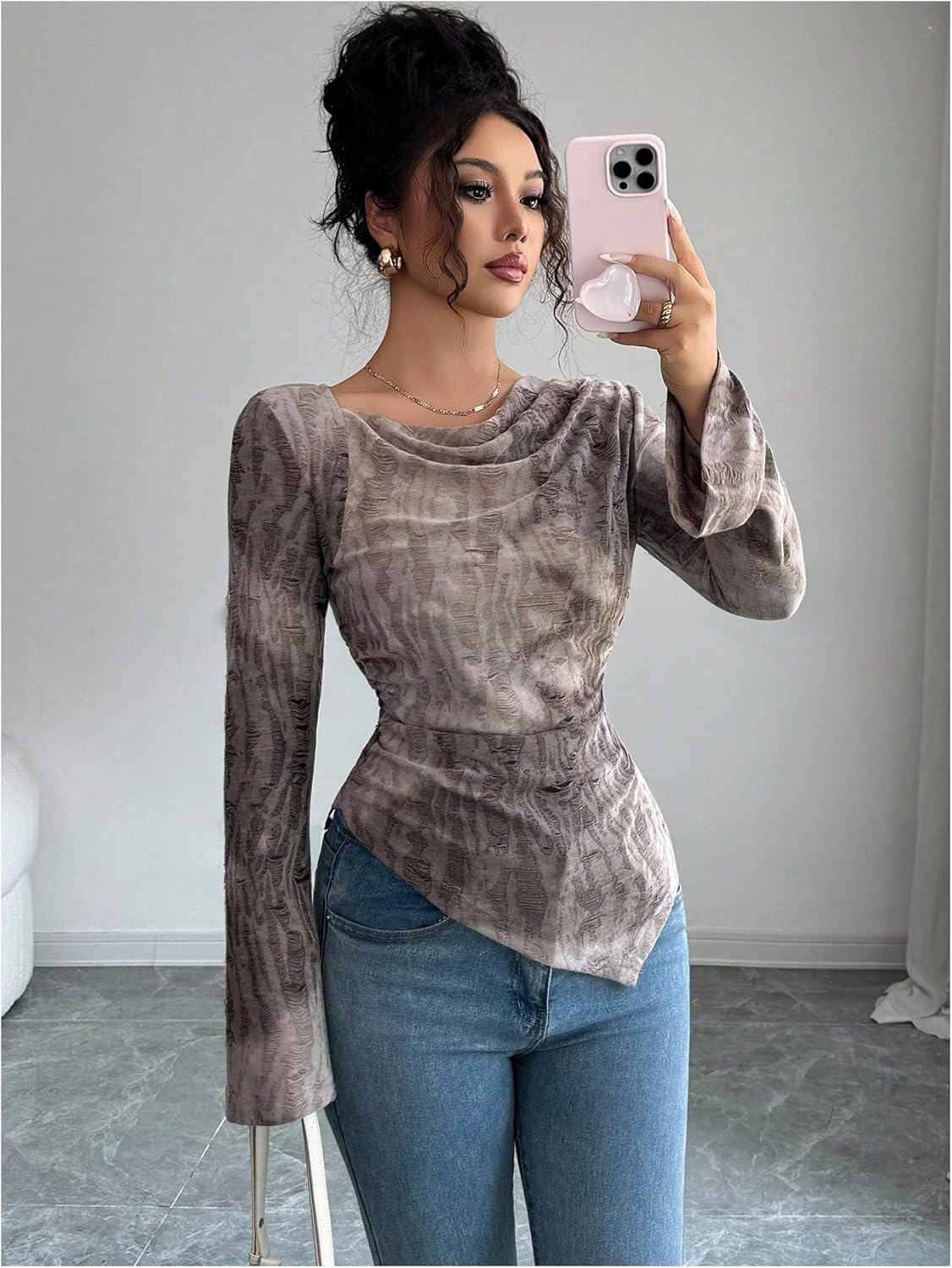 SweatyRocks Women's Tie Dye Cowl Neck Tops Asymmetrical Hem Slim Fit Bell Sleeve Ruched T Shirt - Image 7