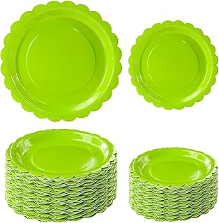 50 Pcs Lime Green Scalloped Paper Plates 25 × 7'' and 25 × 9'' Disposable Lime Green Scalloped Dinner Plates for Wedding Baby Shower Birthday Party Disposable Dessert Plate