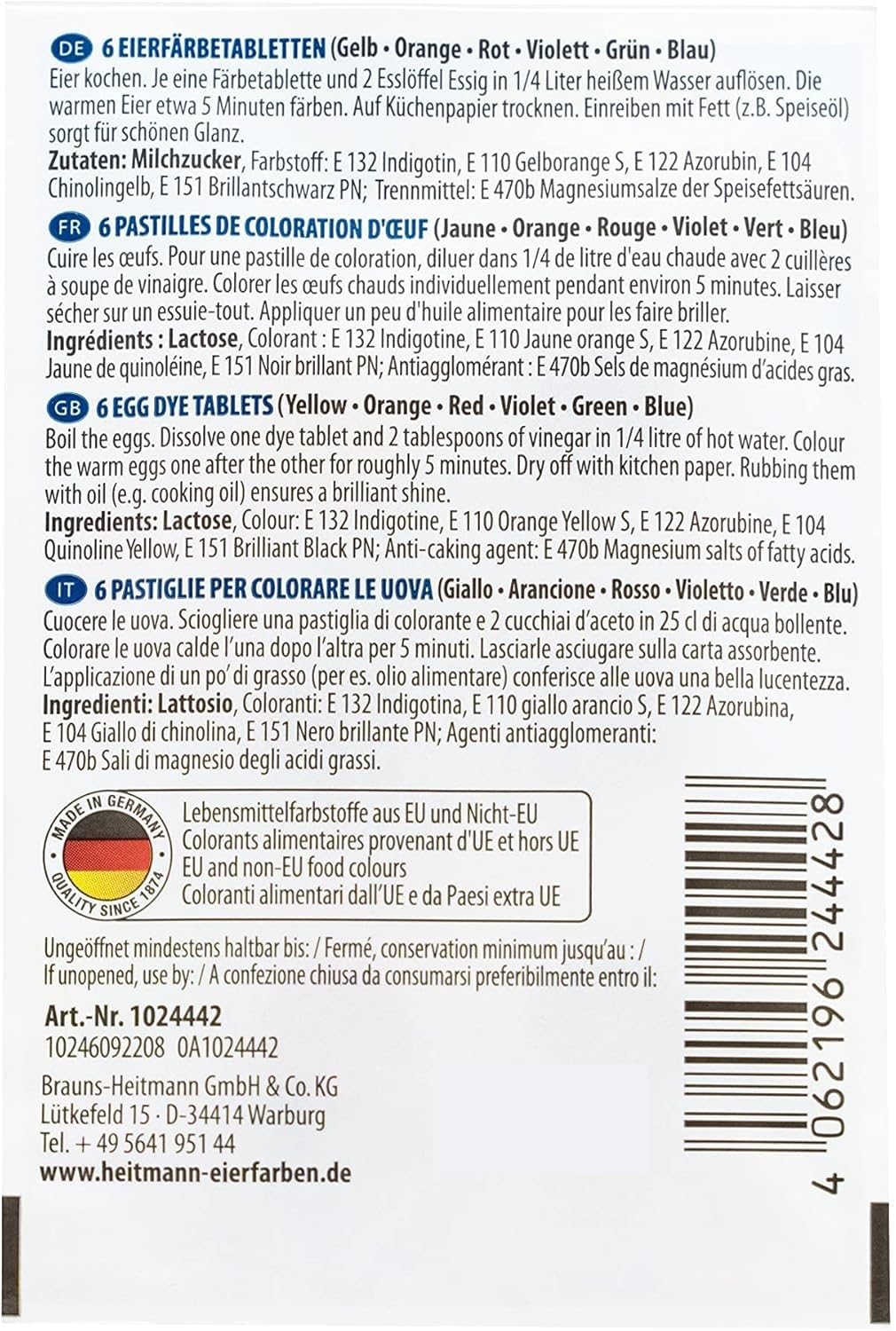 Heitmann Eierfarben 4102AMZ Iris Lot de 5 couleurs pour œufs de cuisine