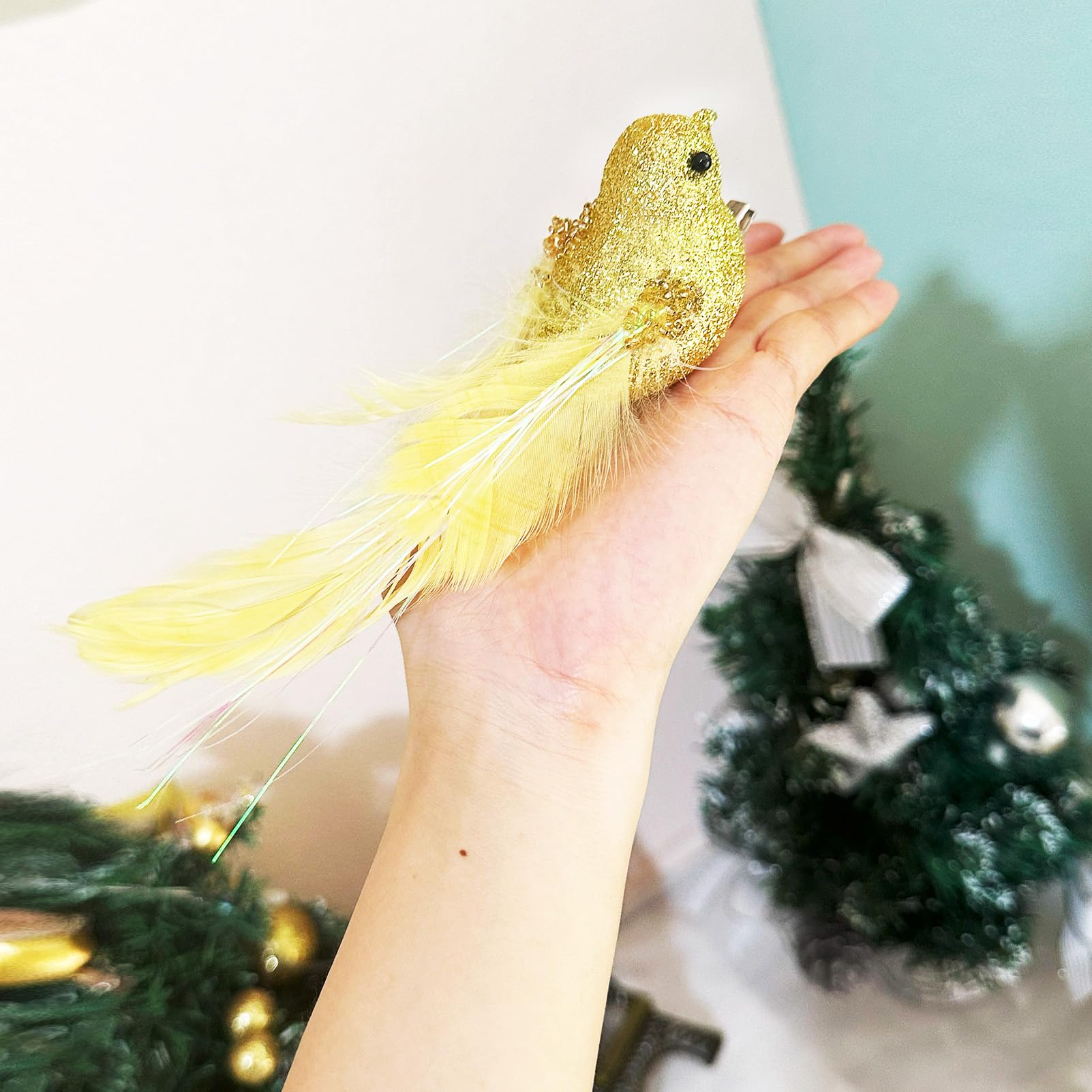 Adornos para árbol de Navidad de pájaros dorados con plumas decorativas para bodas y coronas