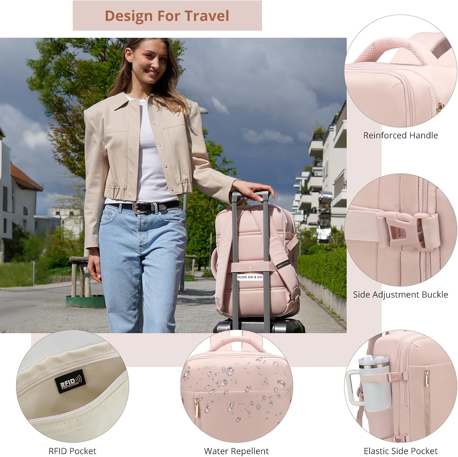 Swissdigital Design Travel Laptop Backpack for Women, 36L Carry On Backpack with USB Charging Port, RFID Protection & Wet-Dry Separation, TSA Friendly Fits 16 Inch Laptop, Pink | SD1749-81