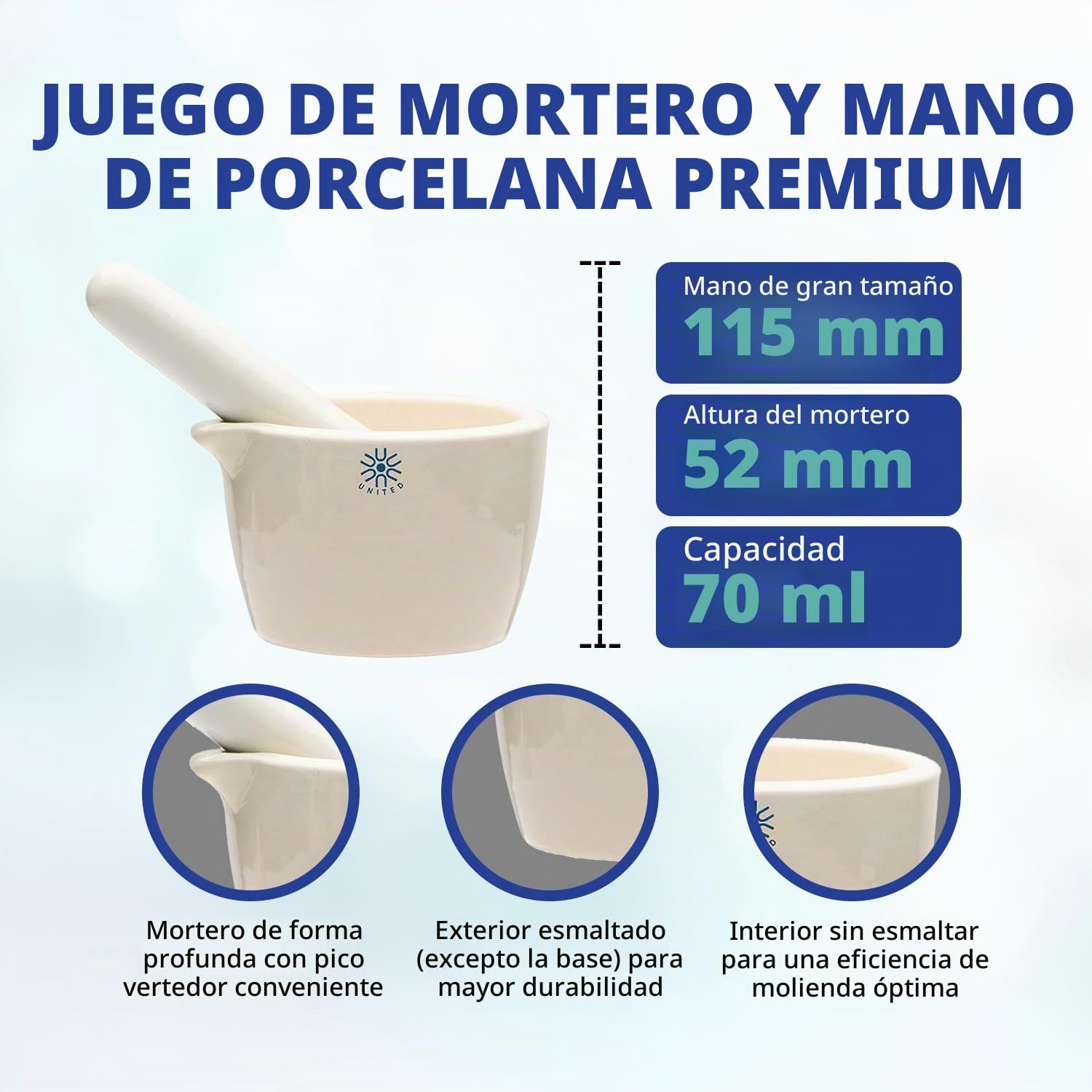 United Scientific™ JMD070 - Juego de mortero y mortero, porcelana, capacidad de 70 ml