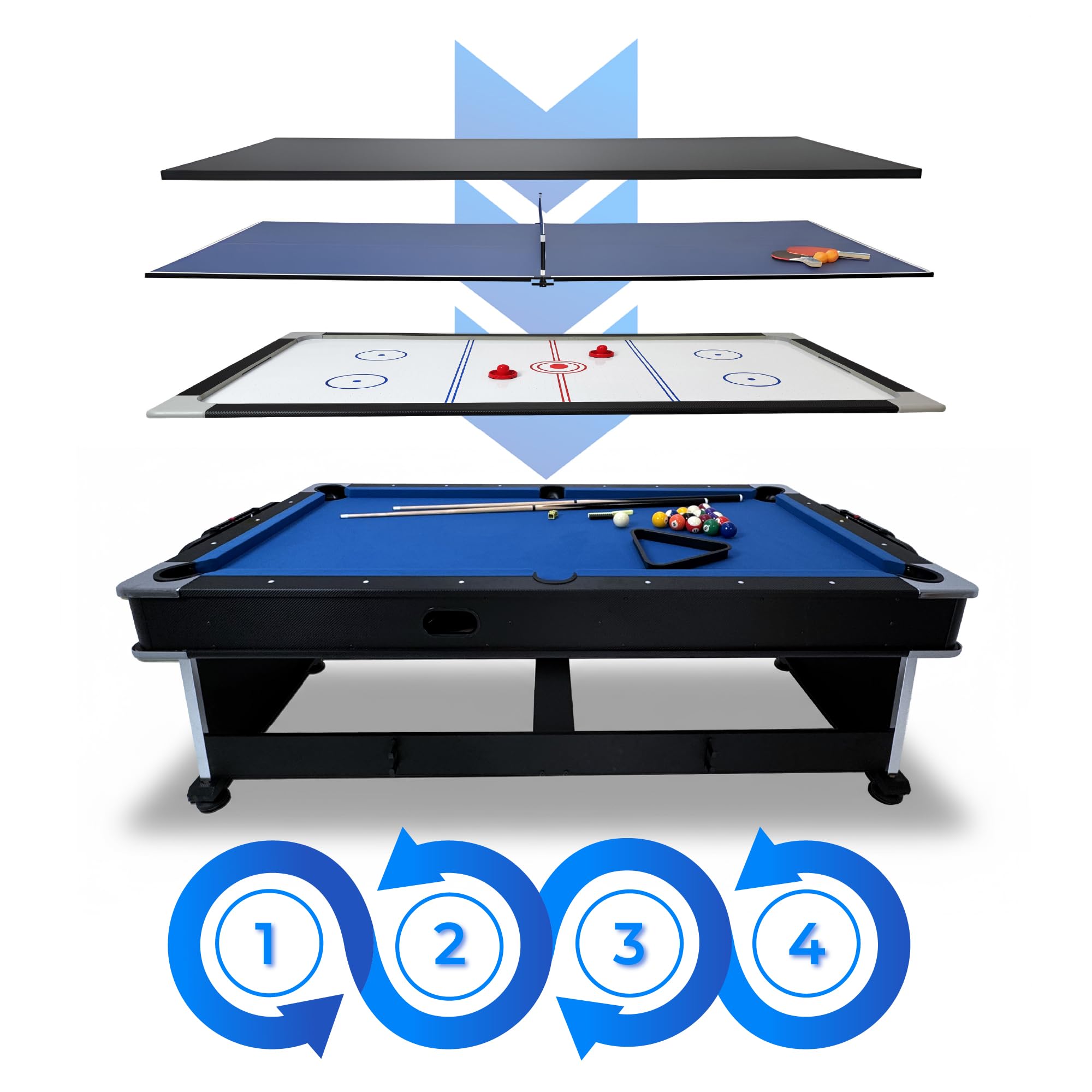 Table de Jeu multifonctionnelle Robuste 7ft THUNDER Crush 4en1 – Billard, Air-Hockey, Tennis de Table & Table de Salle à Manger avec Ensemble Complet d'accessoires