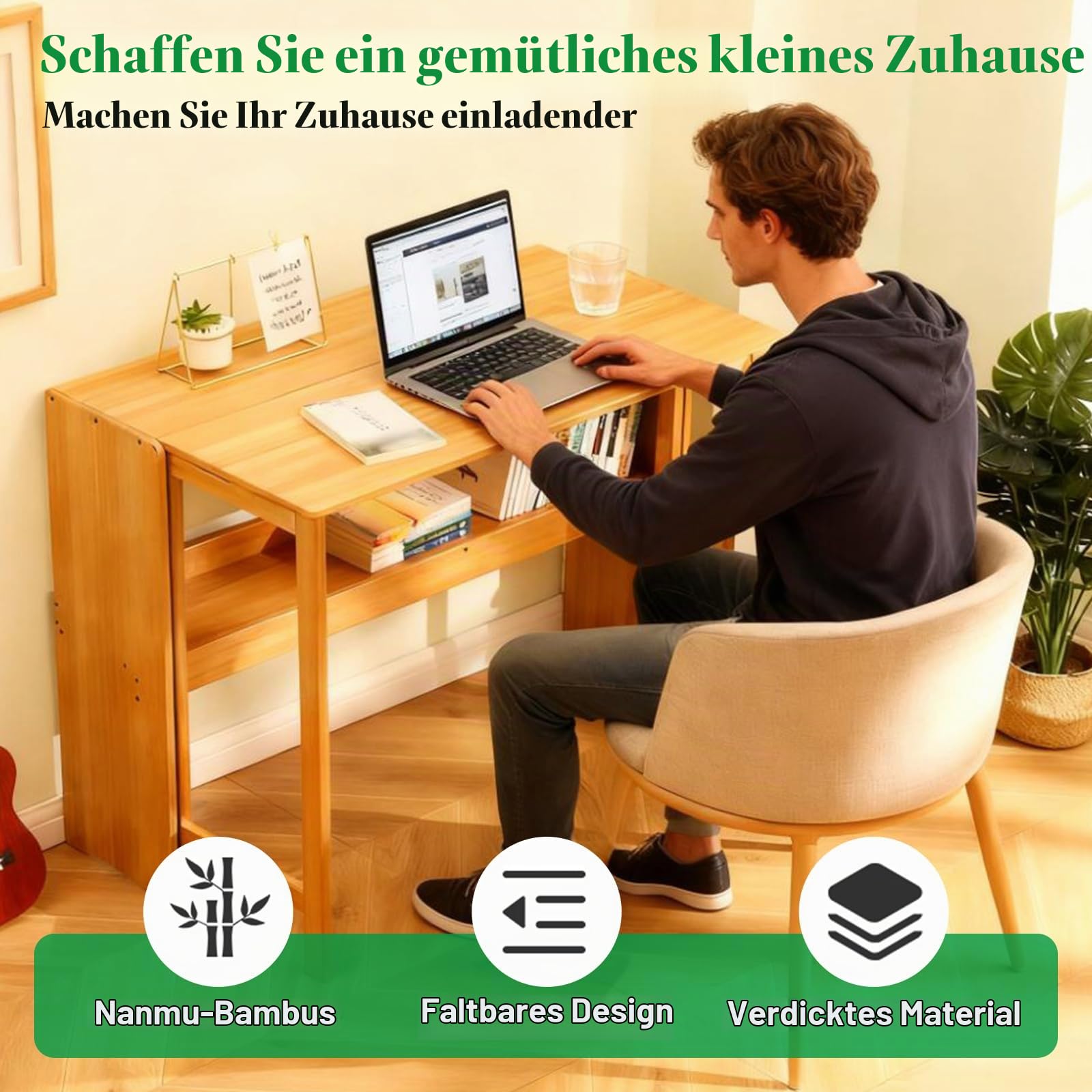 Schreibtisch Klappbar mit Bücherregal, 104 x 53 cm