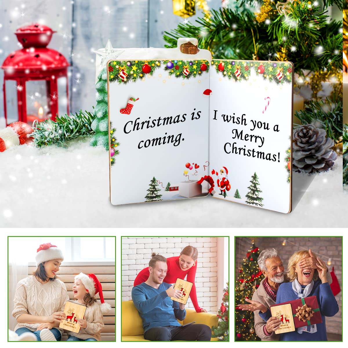 Cartoline Di Natale In Bambù Con Buste - Biglietto Auguri Con Renna Rossa, Fatto A Mano - 5