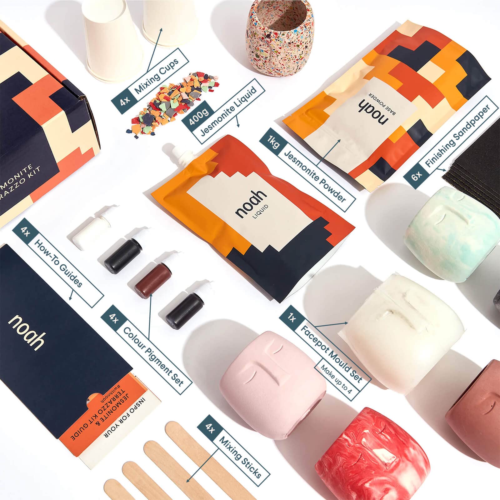 noah Jesmonite & Terrazzo Starterkit - Enthält Silikonformen, Farben, Handschuhe, Schleifpapier, Becher und Rührstäbchen – Geschenkidee (Gesichtstopf/Neutral)