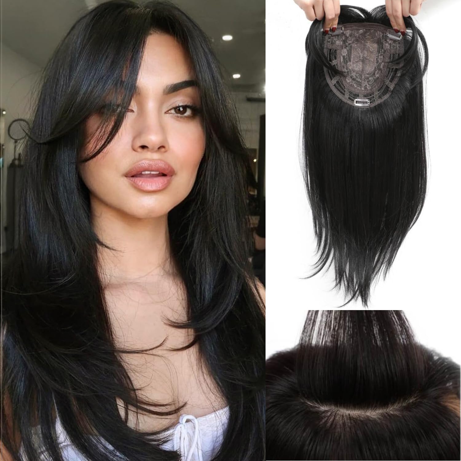 Molefi 19inch Hair Toppers for Women with Thinning Hair,6.5x6.5inch Large Coverage Topper Synthetic Soft Black Wiglets for Adding Volume