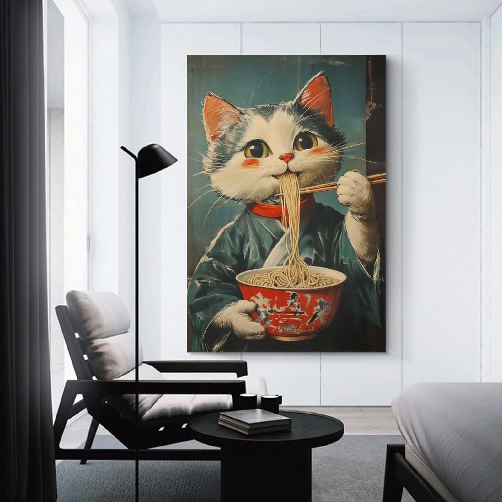 Junmoney Cat Eating Noodles Home Decor Wall Art, 24x36inch(60x90cm), for Home Walls, Creative Rooms Or Shared Spaces, An Adaptable Decor Piece for Home Use
