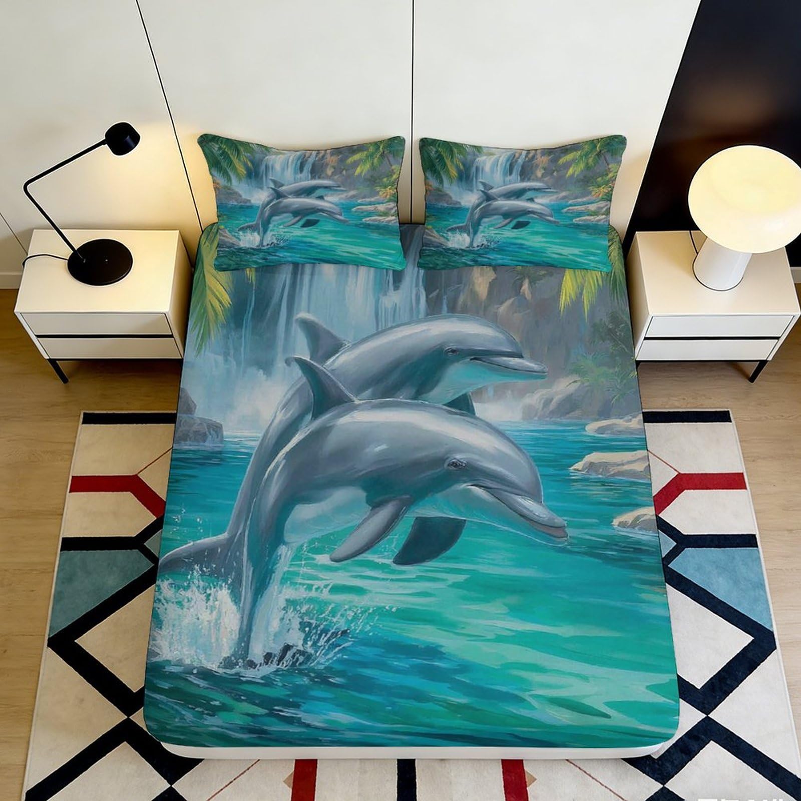Uxinyoume Style-10 3D Printed Dolphin Ocean Fitted Sheet Microfiber Soft Blue Waterfall Mattress Cover For Bedroom Sofa Dorm Decorating Use 90X200x25cm