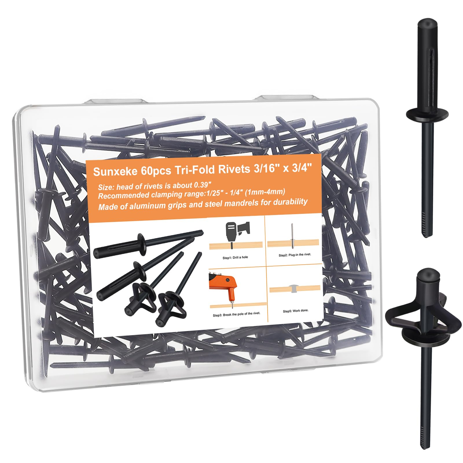 Snapklik.com : Sunxeke 60pcs Tri-Fold Rivets 3/16 Inch X 3/4 Inch Tri ...
