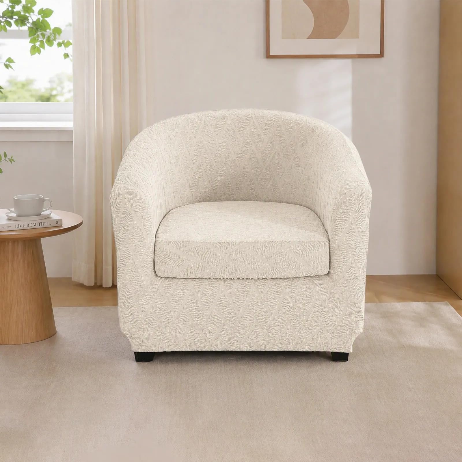 LiveGo Club Chair Slipcover 2 Piece Stretch Printed Round Barrel Chair Covers Removable Tub Chair Slipcover with Elastic Bottom Chair Coverings Furniture Protector Cover for Living Room (Off-white F) โ image 1