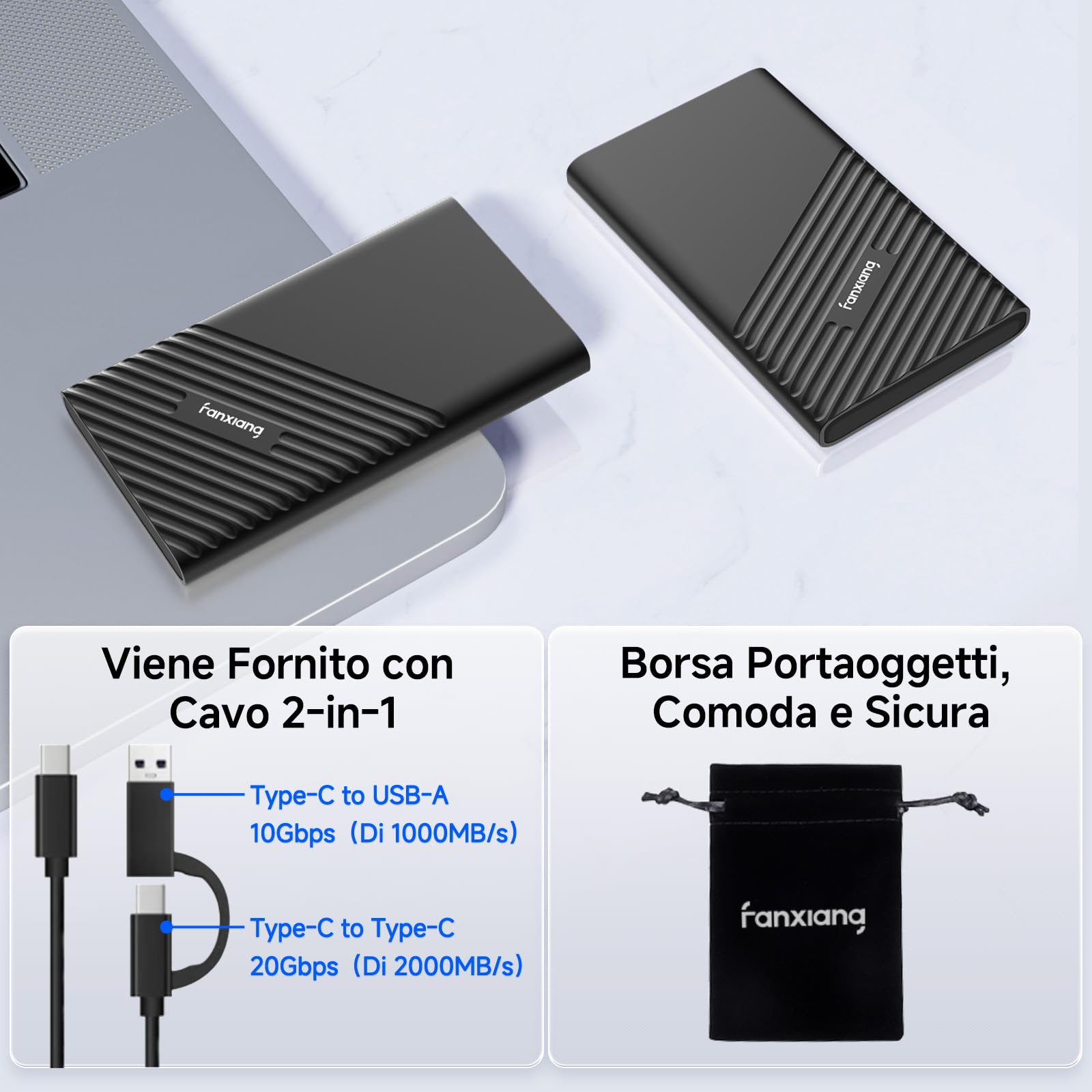 fanxiang 2 TB SSD Esterno Portatile, Fino a 2000 MB/s Lettura, USB C USB3.2 Gen2x2 PSSD, Unità a Stato Solido Esterne Compatibile con PC Desktop/Laptops/Smartphone