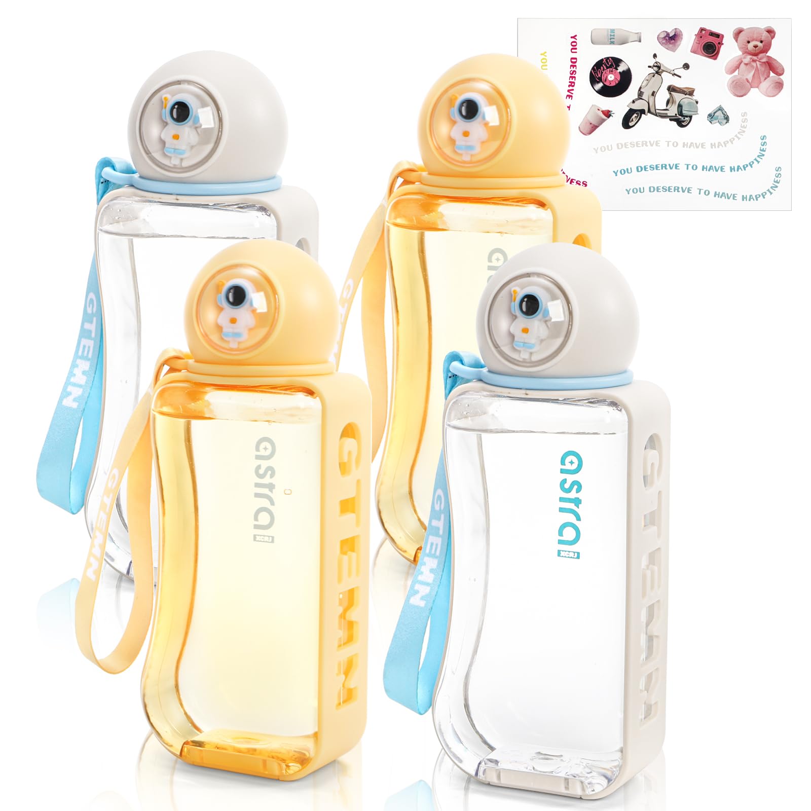 4 Pack Flat Water Bottle 16 Oz Cute Slim Water Bottles with Leak-proof Lid Stickers BPA-Free Plastic Screw