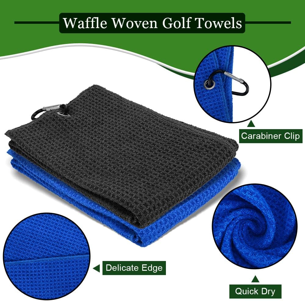 review Golf Towel, 2 Pack Golf Towels for Golf Bags for Men Women Blue Black Microfiber Waffle Pattern Golf Towels with Clip Club Brush with Groove Cleaner Golf Divot Tool Golf Tee Holder
