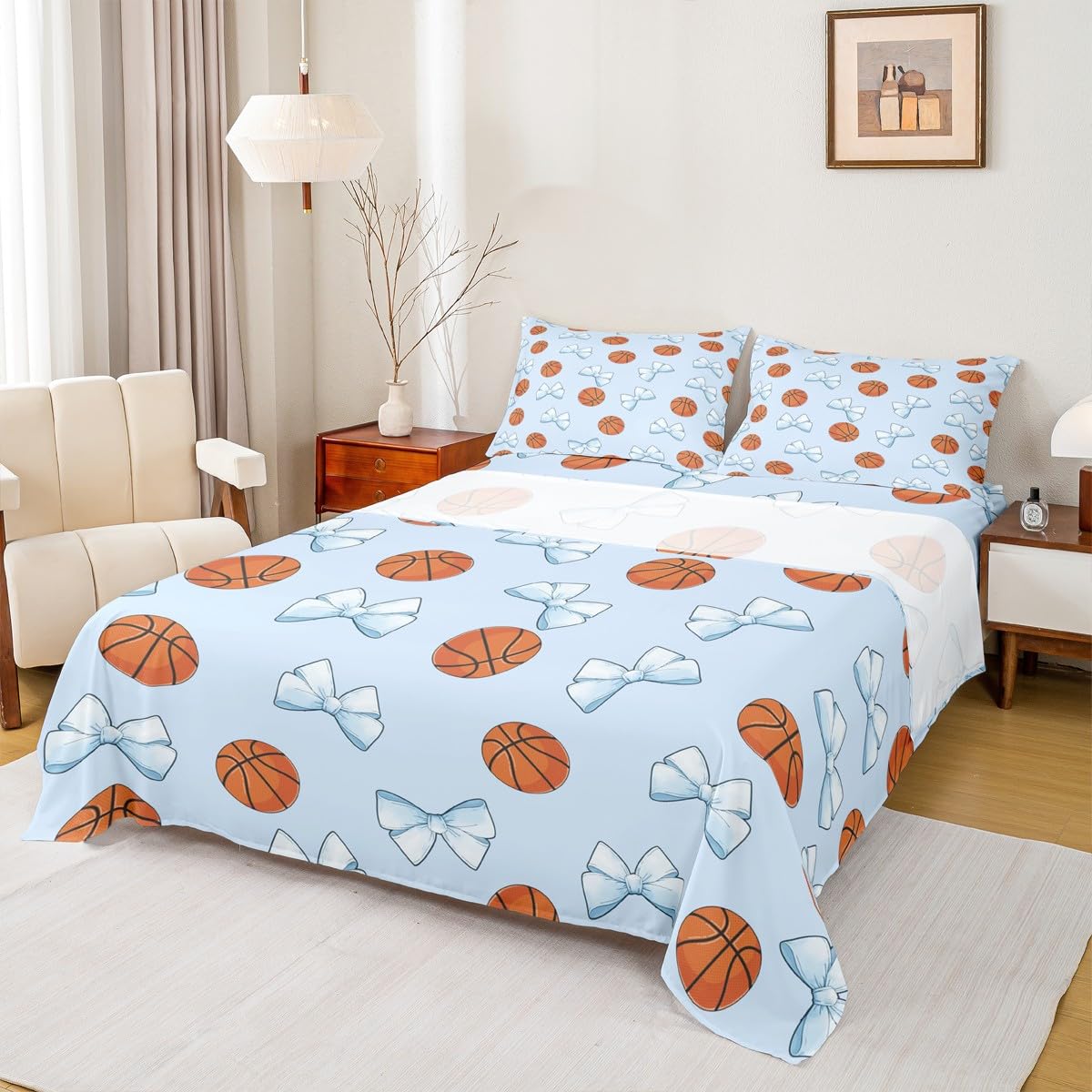 jejeloiu Basketball Bed Sheets Set Blue Bow Bedding Set for Kids Boys Girls Teens Gaming Sports Fitted Sheet Cute Bowknot Room Decor Full Size Gift for Basketball Lover 4Pcs Breathable Soft
