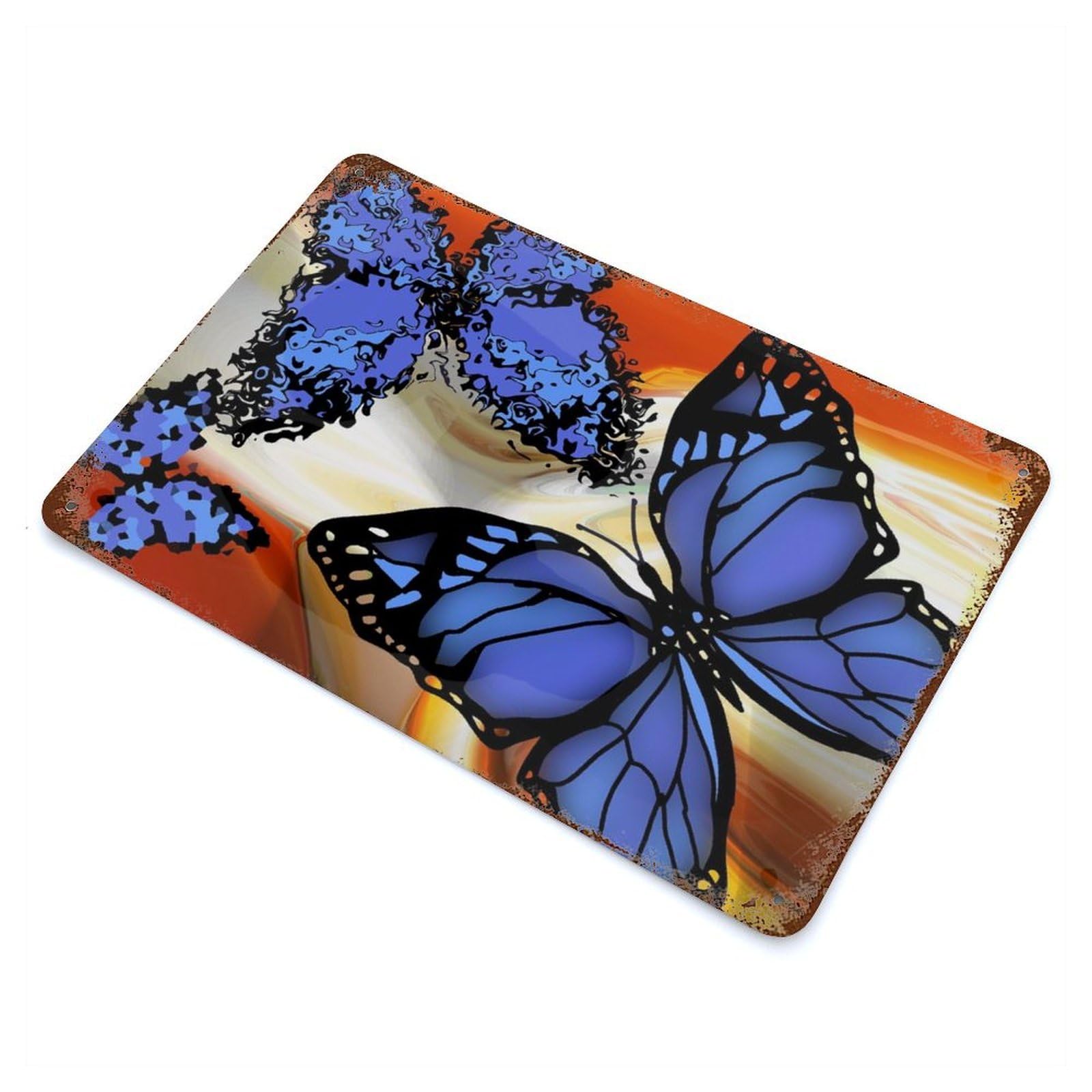 Blue Butterflies Vintage Wall Sign 11.8"x7.9", Rust Effect Metal Decor for Cafe, Home Bar And Lounge Decor