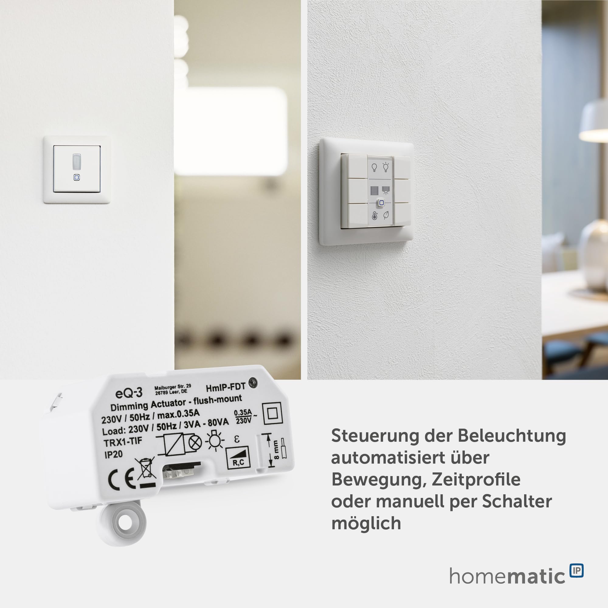 Homematic IP Dimmaktor Unterputz – Phasenabschnitt, Smart Home, dimmt Leuchten per App, Alexa & Google Home, digitaler Phasenabschnittsdimmer für dimmbare Leuchtmittel und LED-Lampen, 150609A0