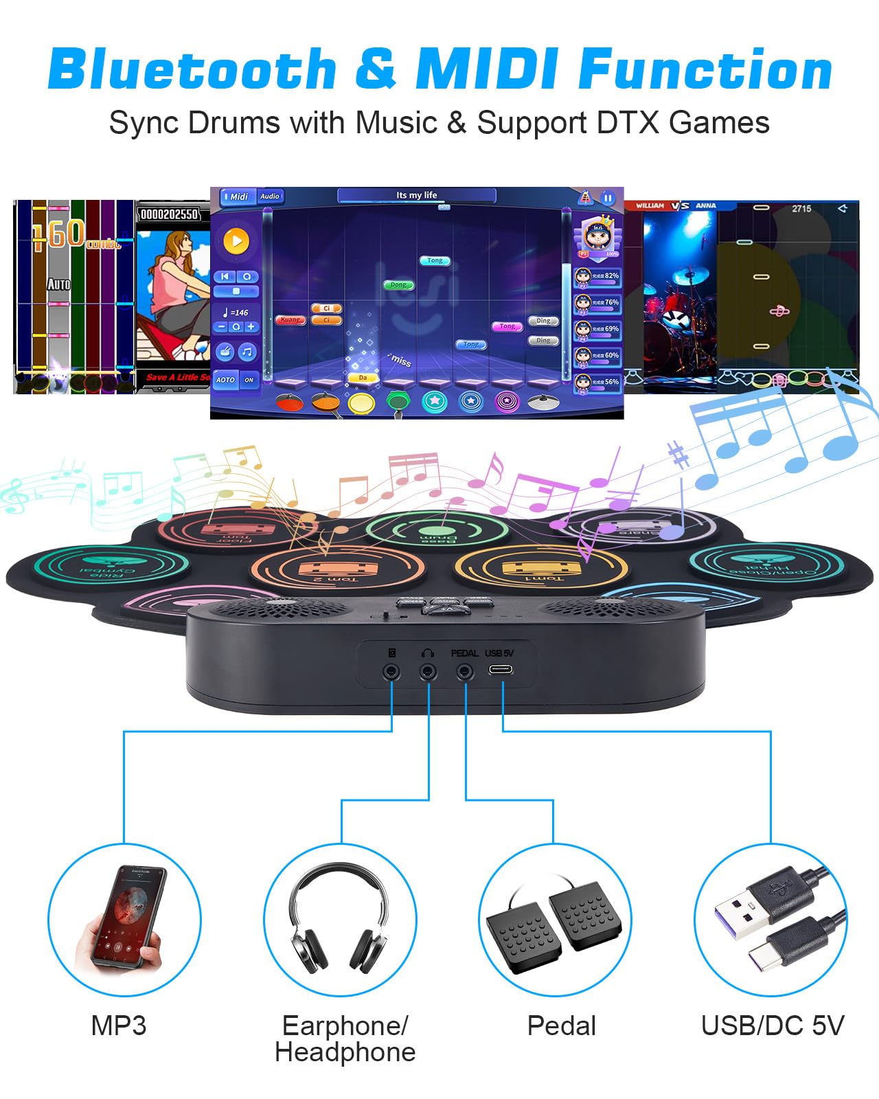 Juego de batería eléctrica, 9 almohadillas de batería con altavoces estéreo duales, kit de batería electrónica enrollable con pedales de tambor, soporte para auriculares/Bluetooth/MIDI, regalo 5