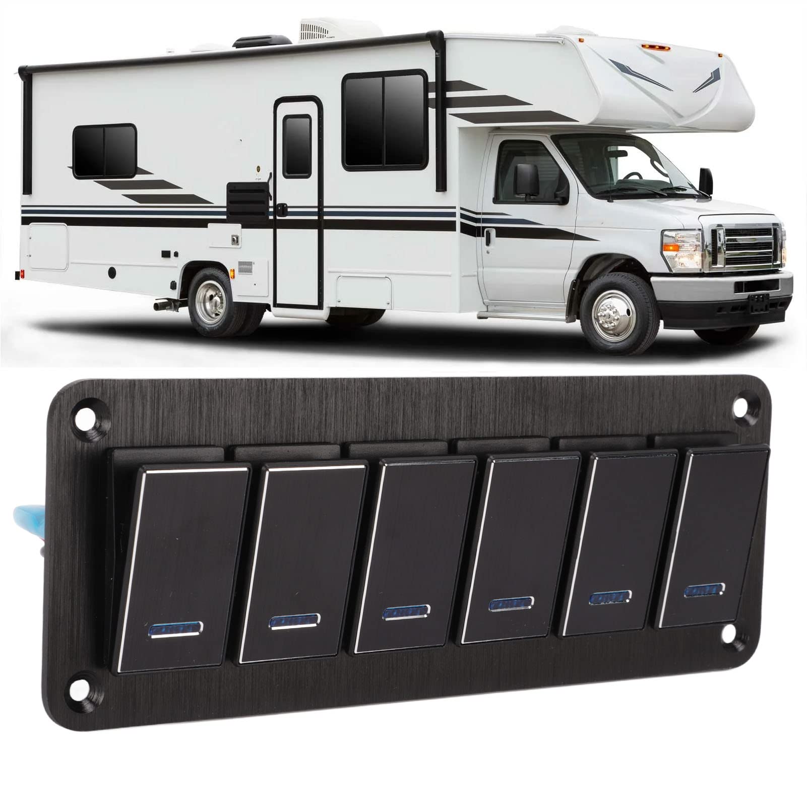 Fabater 6 Gang Wodoodporny Panel Przełącznika Dwupozycyjnego DC12V-24V 30A Wstępnie Okablowany 3PIN Niebieskie światło Tła Stop Aluminium dla łódź Morska RV Jacht Samochód