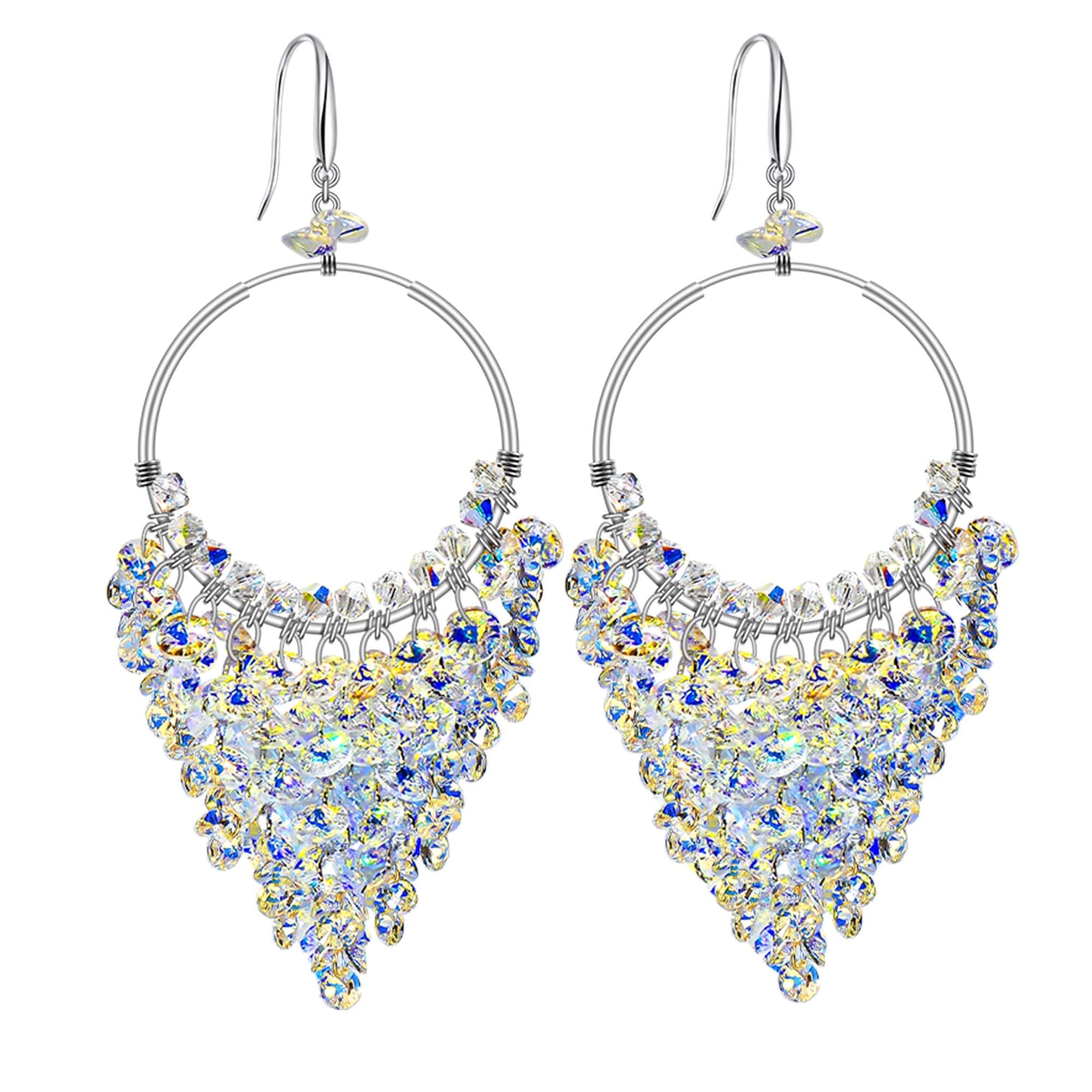 Handmade 925 Sterling Silver Boho Hoop Earrings with Sparkly Dazzling Aurora Borealis Austrian Crystals, Waterfall Chandelier Tassel Drops, Party