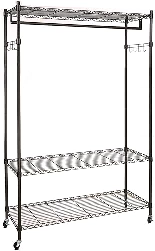 Miniatura 1 de Estante para ropa de barra de 3 niveles, estante de alambre de metal para colgar ropa móvil grande con ruedas bloqueables y par de ganchos laterales