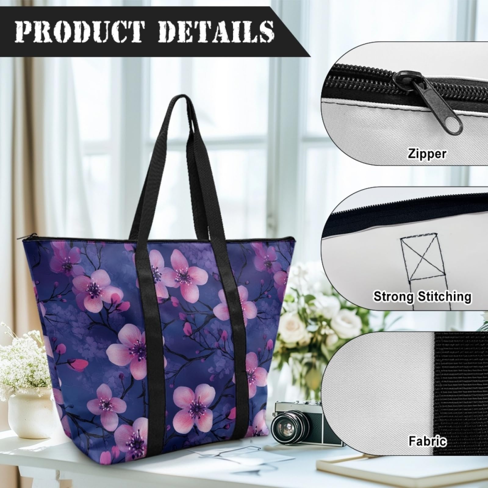 Tote Bag Tela Bolsa Tela Poliéster Bolsa Compra Plegable Bolso de Mano de Mujer Reutilizable Totebag Playa Cremallera Duradero Bolso Viaje