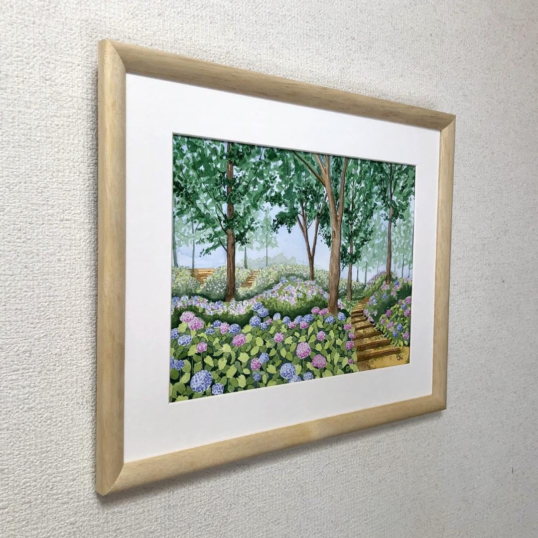 透明水彩画　原画　「紫陽花の丘」額縁付　F4サイズ　風景画 紫陽花の丘」透明水彩画 原画 風景画 額縁付 F4サイズ 絵画 Oni