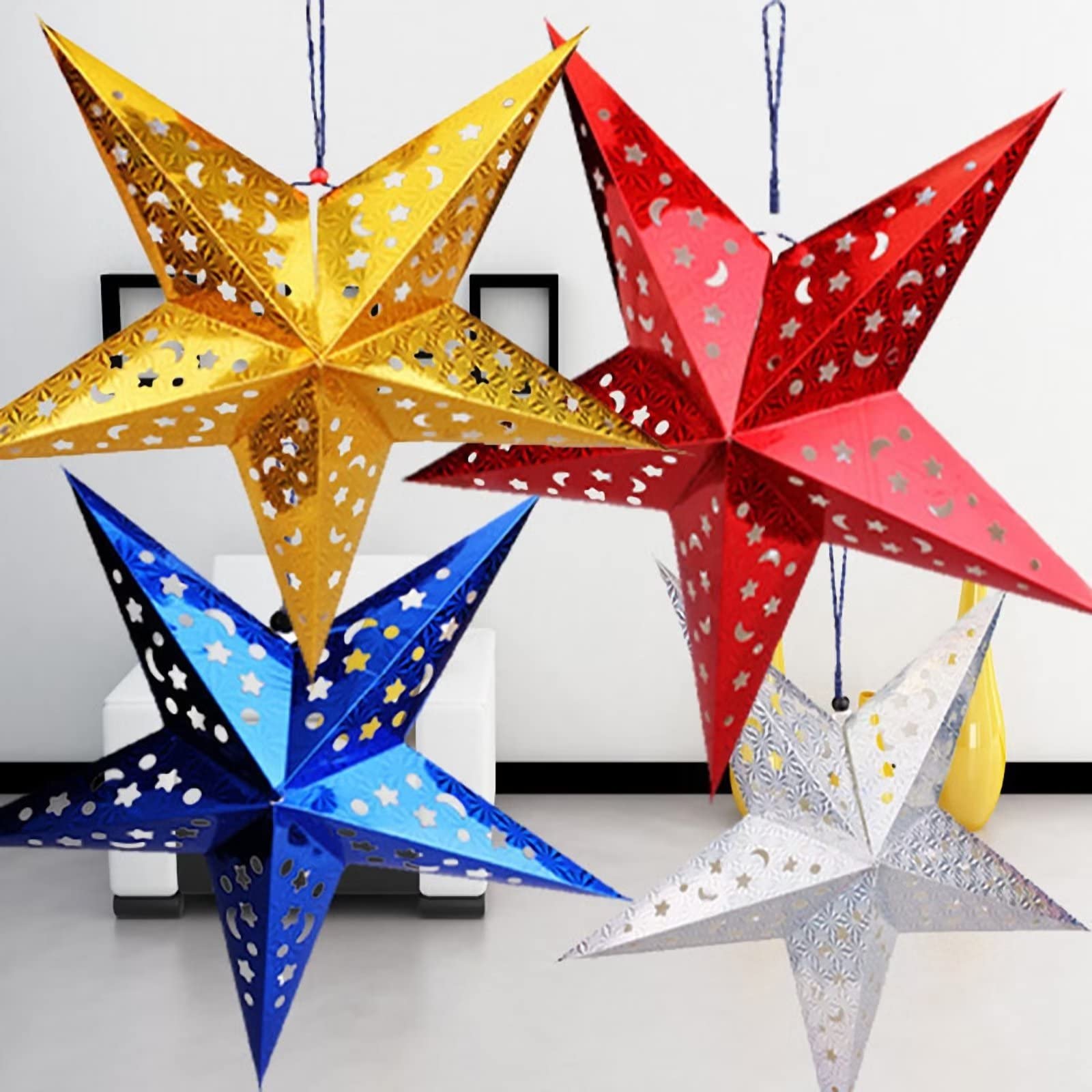 Juego de 6 adornos para árbol de Navidad, papel láser, diseño de estrella de luna hueca, decoración colgante de árbol de Navidad, adornos de Navidad, suministros de fiesta, regalos de decoración de