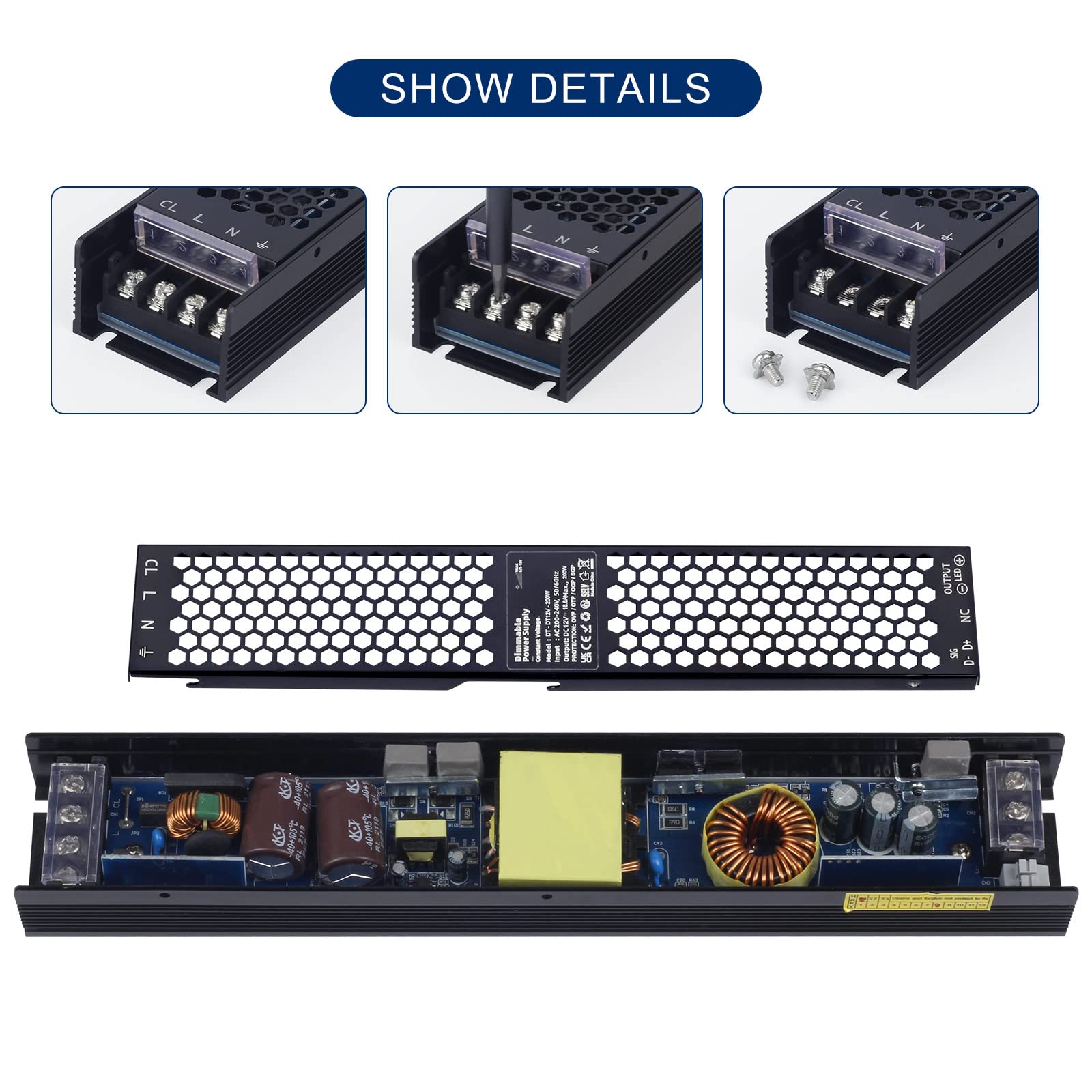 Transformador LED de 12 V, 200 W, 16,6 A, regulable, CA 230 V a 12 V CC, controlador electrónico de bajo voltaje, fuente de alimentación conmutada de voltaje constante, TriAC y 0/1-10 V, sin