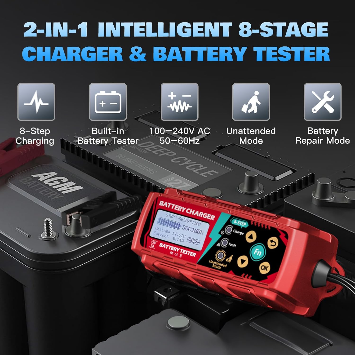 Battery Charger 12V 5A 8-Step Smart Trickle Charger - Battery Tester, High/Low Temp Compensation & Unattended Mode, Compatible with All 12V Lead-Acid Batteries (1.2-160Ah)