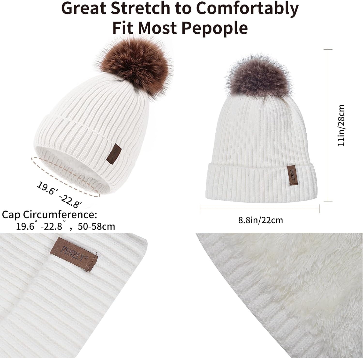 Winter Beanie Hat Scarf Gloves Set for Women, Classic Beanie with Removable Pom Pom Long Scarf Touchscreen Gloves 3 in 1 Set - Image 5