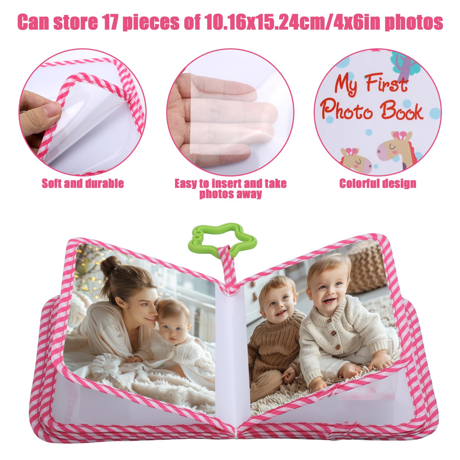 Baby Photo Albums, Soft Polyester Baby Album Photo Book Holds 17pcs 4X6" Pictures with Hook Colourful My First Family Photo Album Baby Memory Book for Newborn Toddler Kids(Giraffe) - Image 4