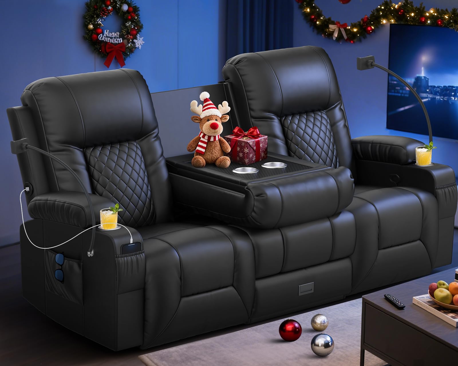 Loveseat Recliner Sofa with Flip Backrest Design, 3 Seat Reclining Couch with Drawer, Pocket, USB Ports &amp; Phone Holders, Wall Hugger RV Sofa Recliner Couch for Home Theater Seating