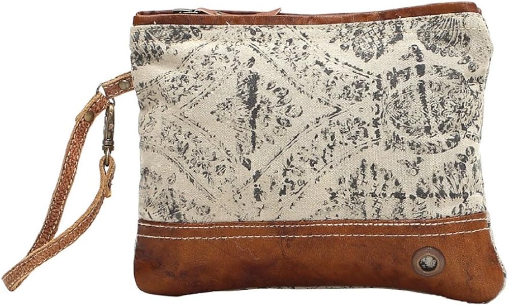 Myra Bag Floral Upcycled Canvas Wristlet Bag S1019, Brown, Small