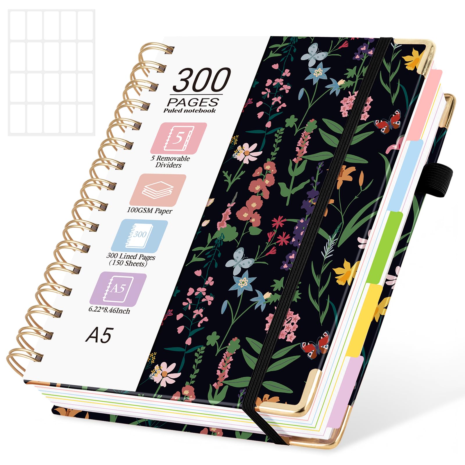 MOFELON A5 Notebook with Dividers, Notepad A5, 300 Pages Spiral Lined Notebooks,PU Leather HardCover Journals for Women,Note Book Pad for Office Work School, 21.5 x 15.8cm - Black flowers