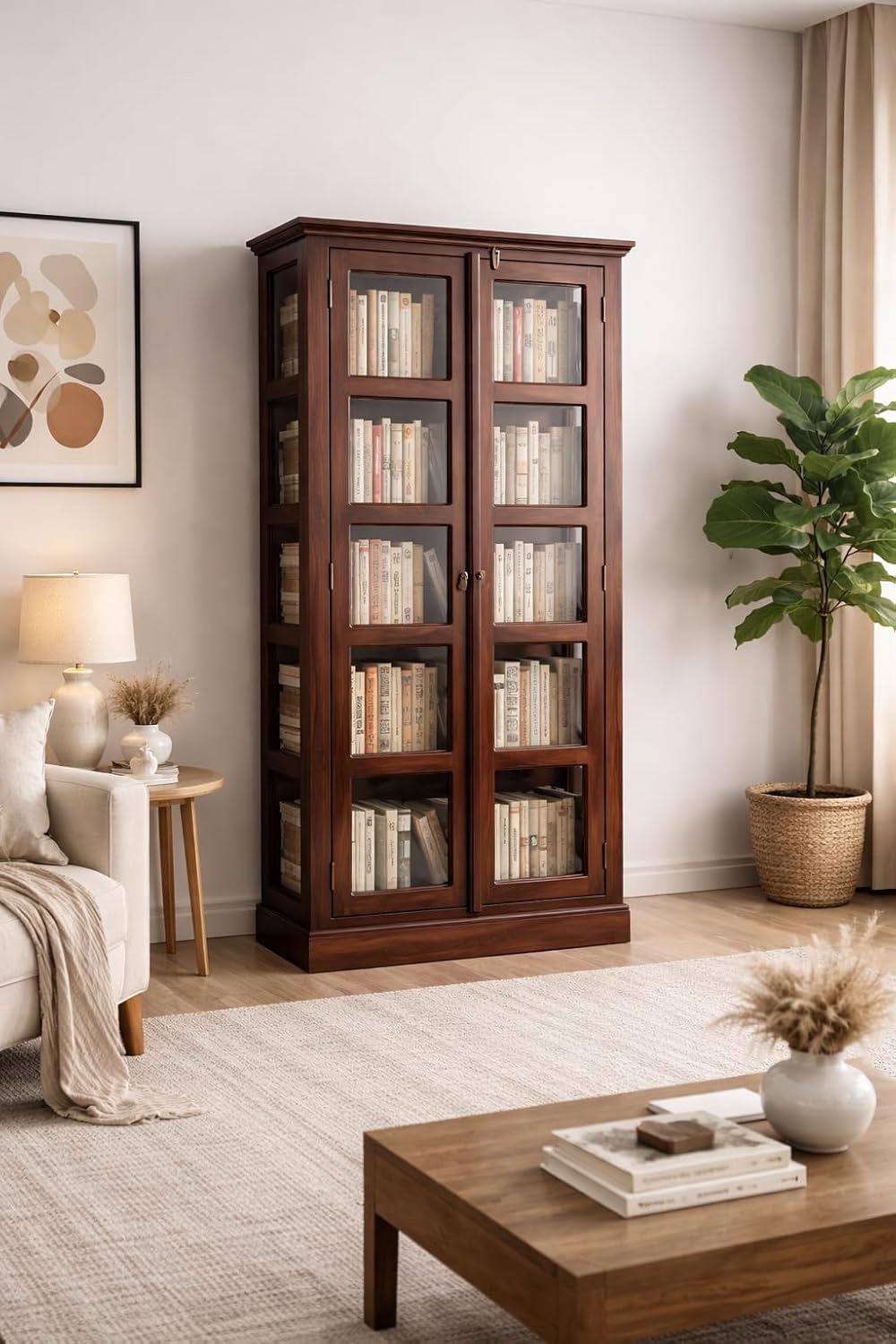 MAYA DECOR Solid Wood Glass Door Bookshelf Cabinet | Wooden Book Storage Cupboard with Transparent Glass Panels | Tall Display Cabinet for Living Room, Home Office & Library | Walnut Finish