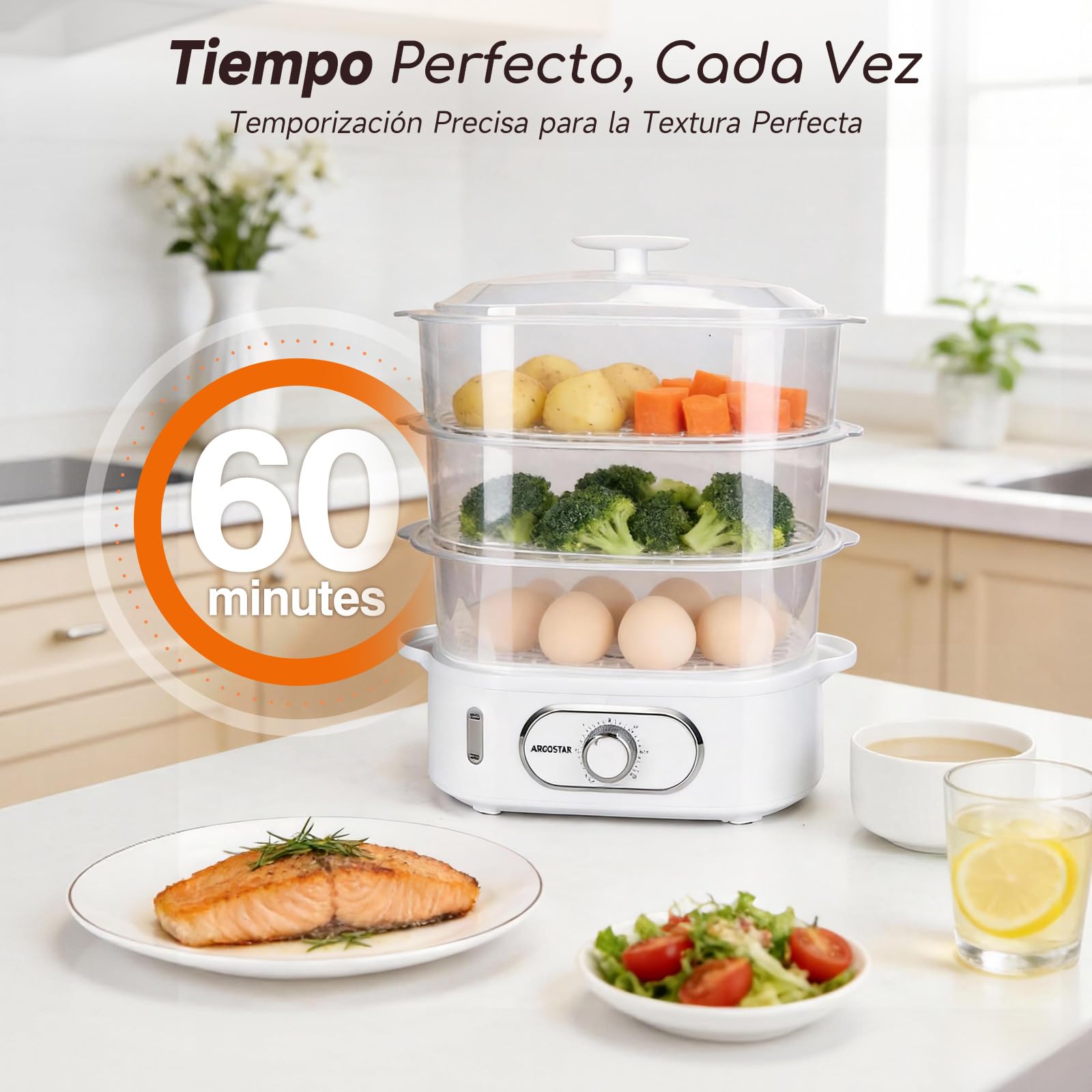 Aigostar Vaporera Eléctrica 12L, 3 Recipientes Apilables Independientes, Cuenco para Arroz, Soporte para Huevos, Temporizador 60 Minutos, Base Antideslizante, Sin BPA, 900W, Blanco