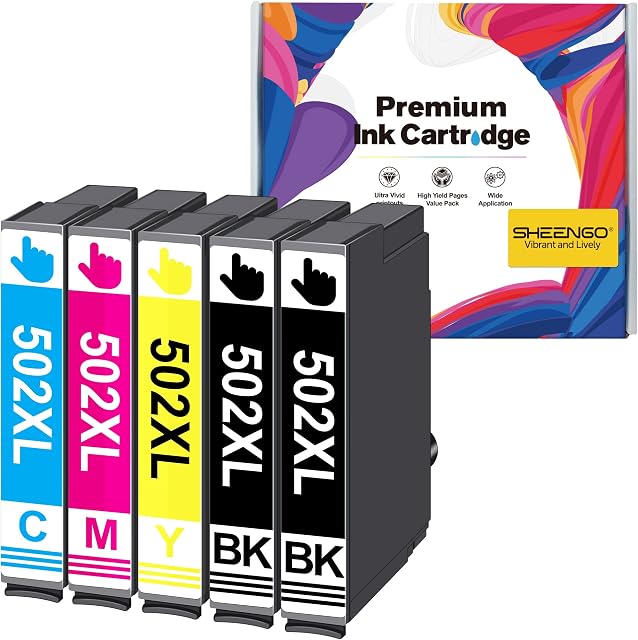 SHEENGO 502XL 5 Pack Multipack Ink Cartridge,4 Colours (Black Cyan Magenta Yellow) for Epson 502 XL for Expression Home XP-5100 XP-5105 XP5100 XP5105, Workforce WF-2860DWF WF-2865DWF WF-2860 WF-2865