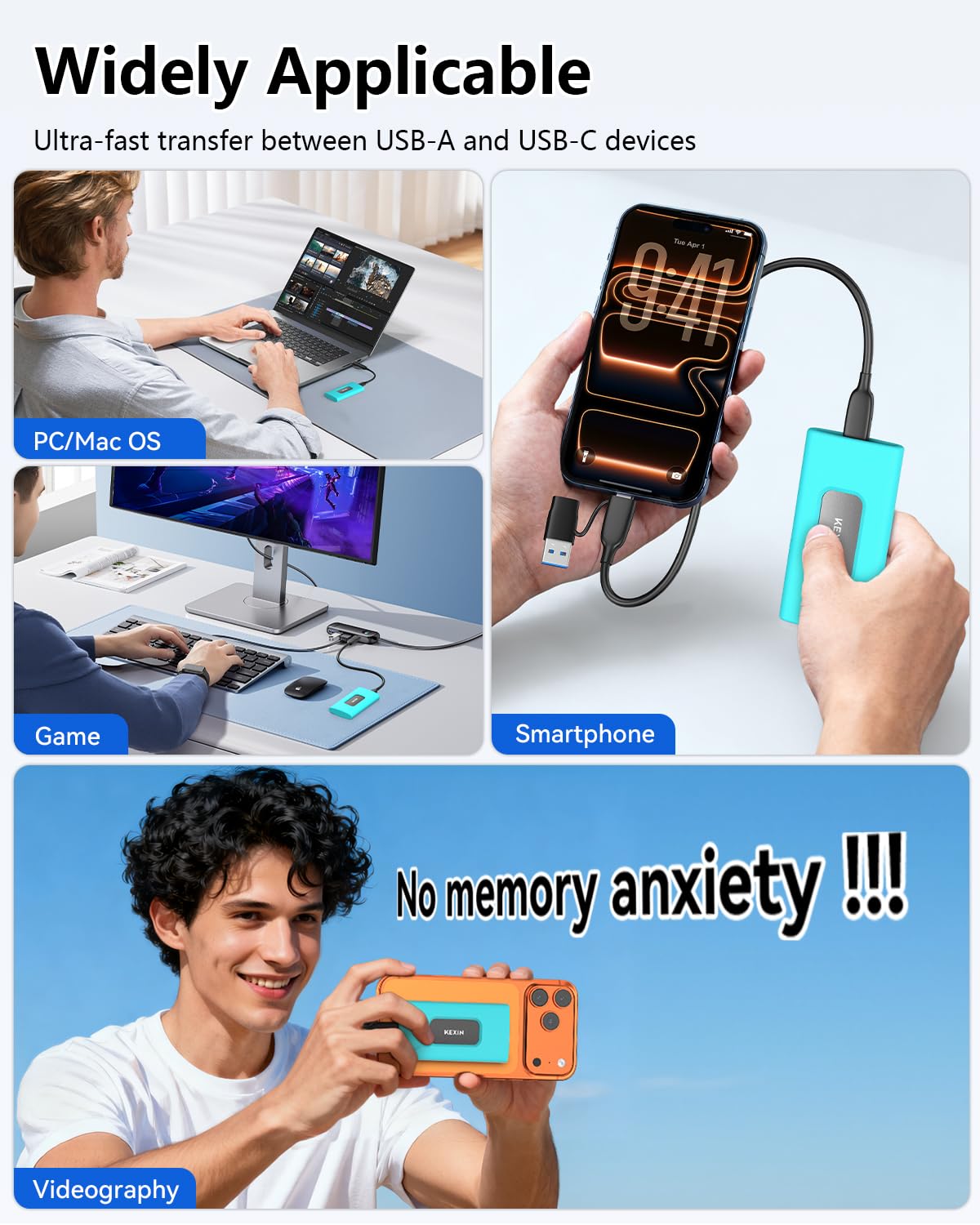 KEXIN Disco Duro Externo SSD de 1TB, USB 3.2 Tipo C, Unidad de Estado sólido portátil de 1TB, hasta 1000 MB/s para PC, Mac, Consola de Juegos Android y más