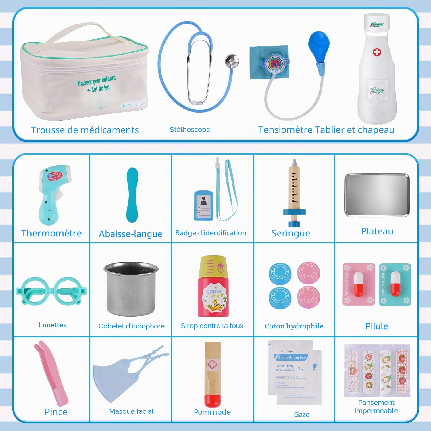 EFO SHM Malette Docteur Enfant - avec stéthoscope, seringue, Thermomètre Infrarouge et Beaucoup d’Autres Accessoires en Bois, Jouet d'Imitation dès 3 Ans