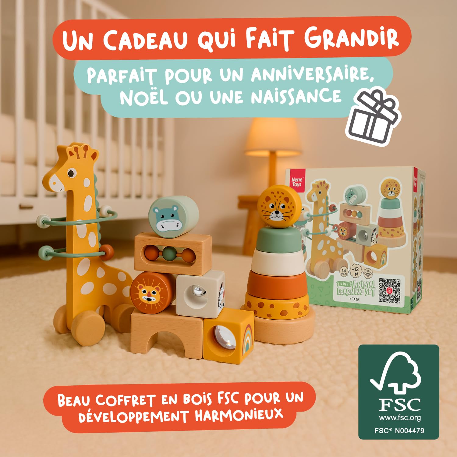 Nene Toys Jouet Bébé 1 an – Jouet Montessori en Bois 4-en-1 avec Blocs Sensoriels, Pluie Musicale, Labyrinthe Girafe & Anneaux à Empiler – Jeu Sensoriel Cadeau Éducatif pour Fille & Garçon 12 Mois+