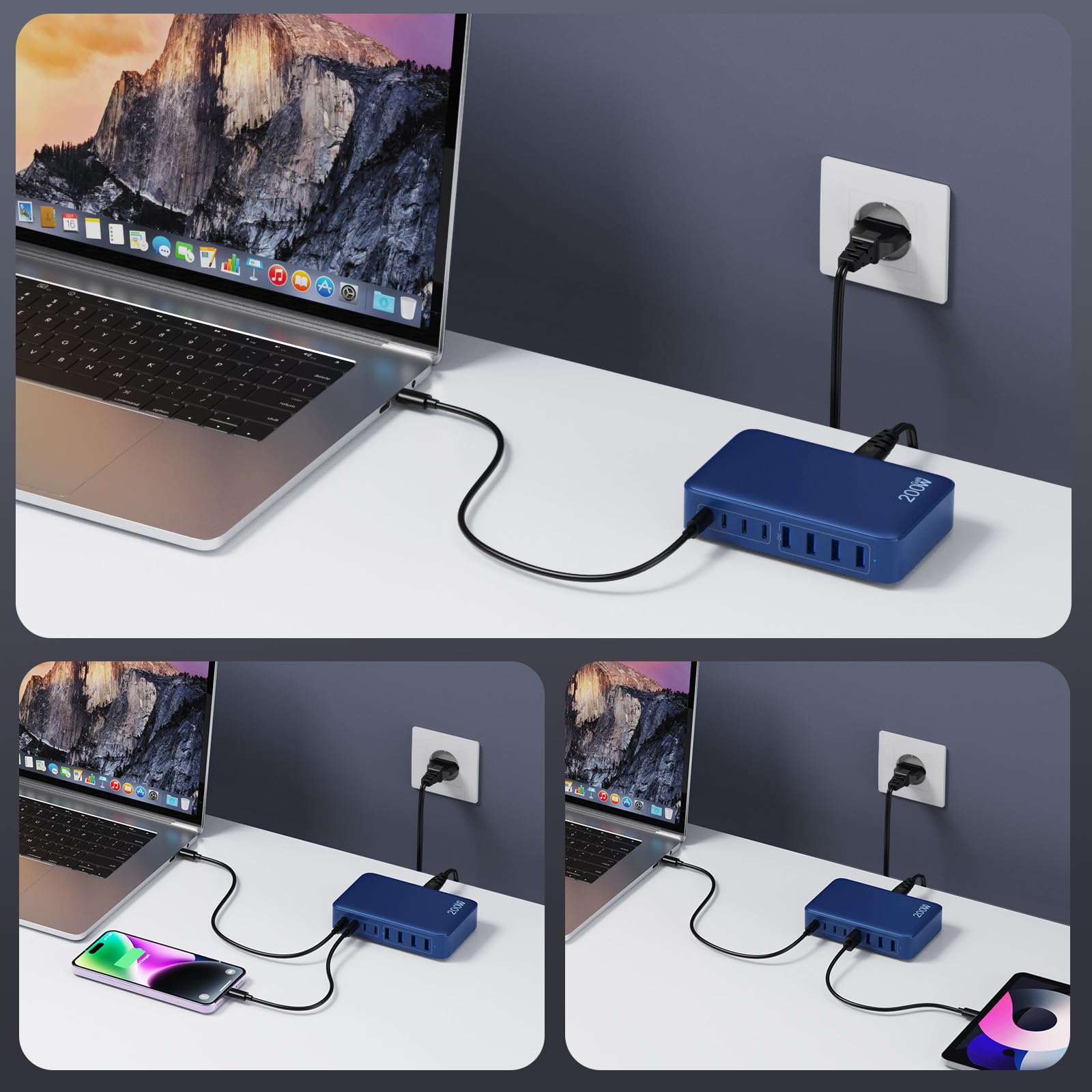200W Caricatore USB C Multiplo, GaN III 8-Port 65W Laptop Caricabatterie PPS PD QC Alimentatore USB C Multipla Stazione di Ricarica mit USB A per MacBook Air/Pro Laptop iPhone Samsung SteamDeck-Blu