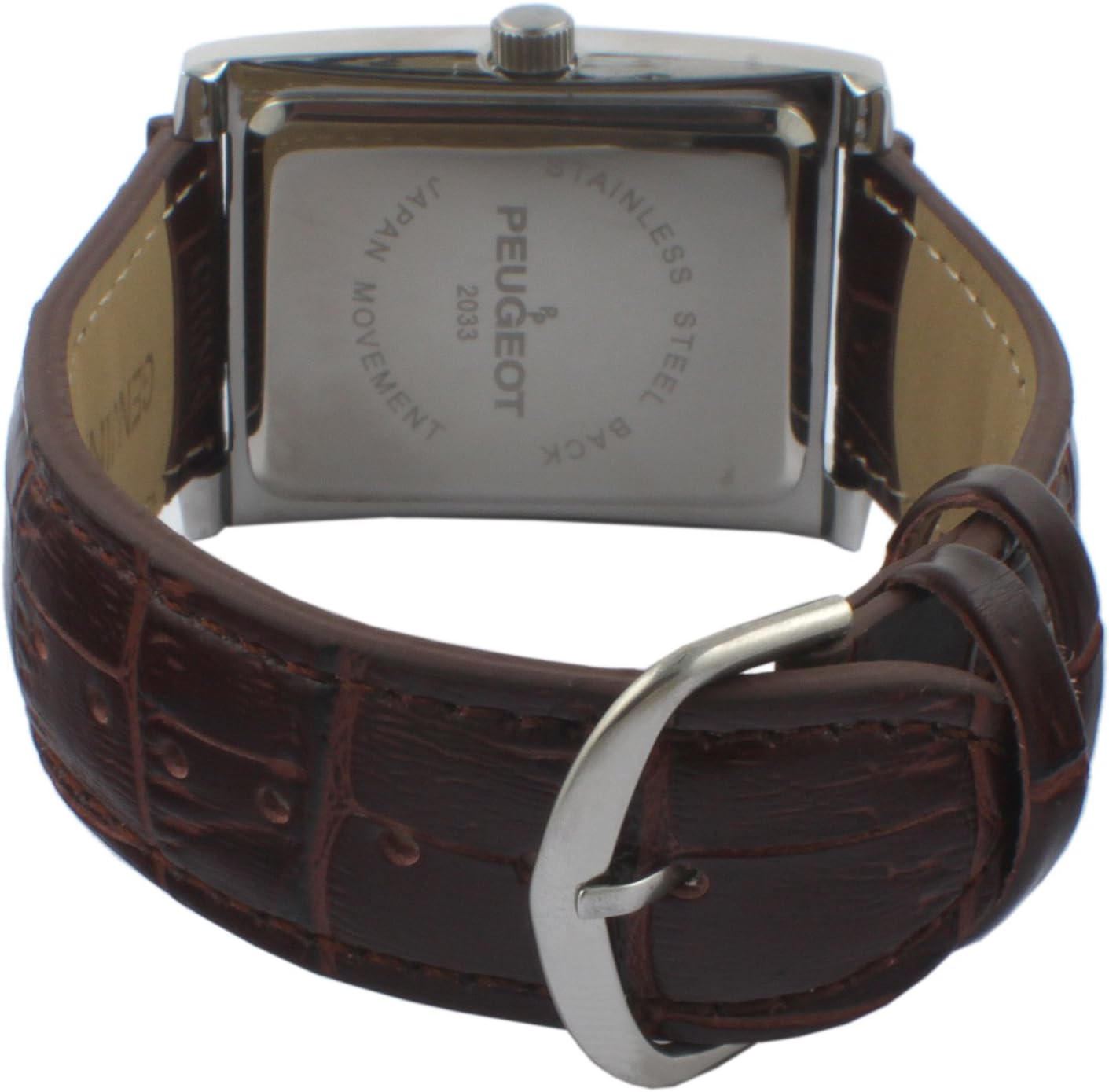 Peugeot Men's Rectangular Textured Roman Numeral Dial Classic Dress Wrist Watch with Leather Strap Band