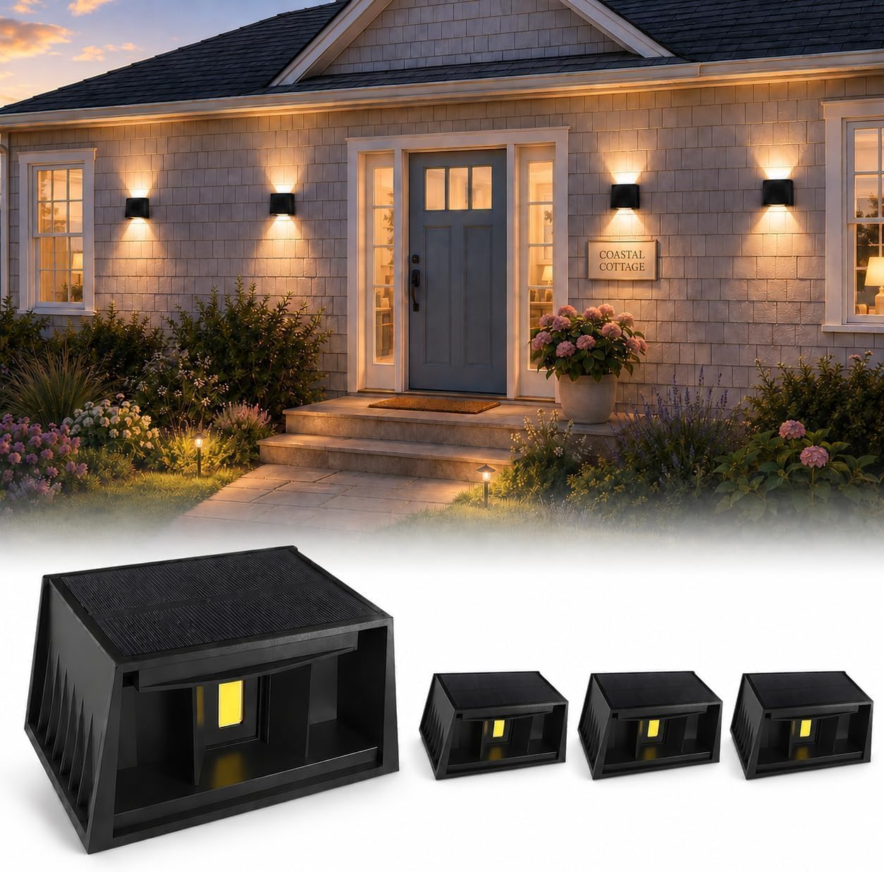 T-SUN 4 Piezas Aplique Solar de Pared Exterior 3000K Moderno Cuadrado Negro IP65 Impermeable Ajustable Arriba Abajo para Jardín Valla Garaje Escalera Puerta Delantera Patio