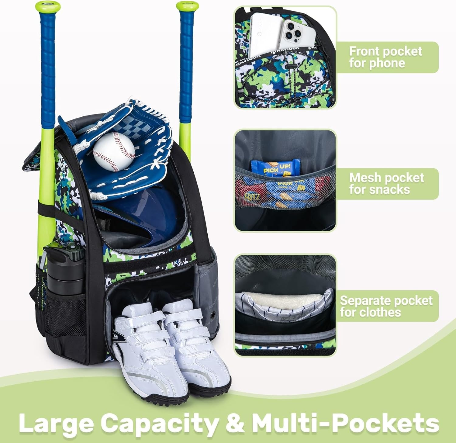 Youth Baseball Bag, Softball Bag for Girls & Boys, Kids Tball Backpack with Shoes Compartment - Image 3