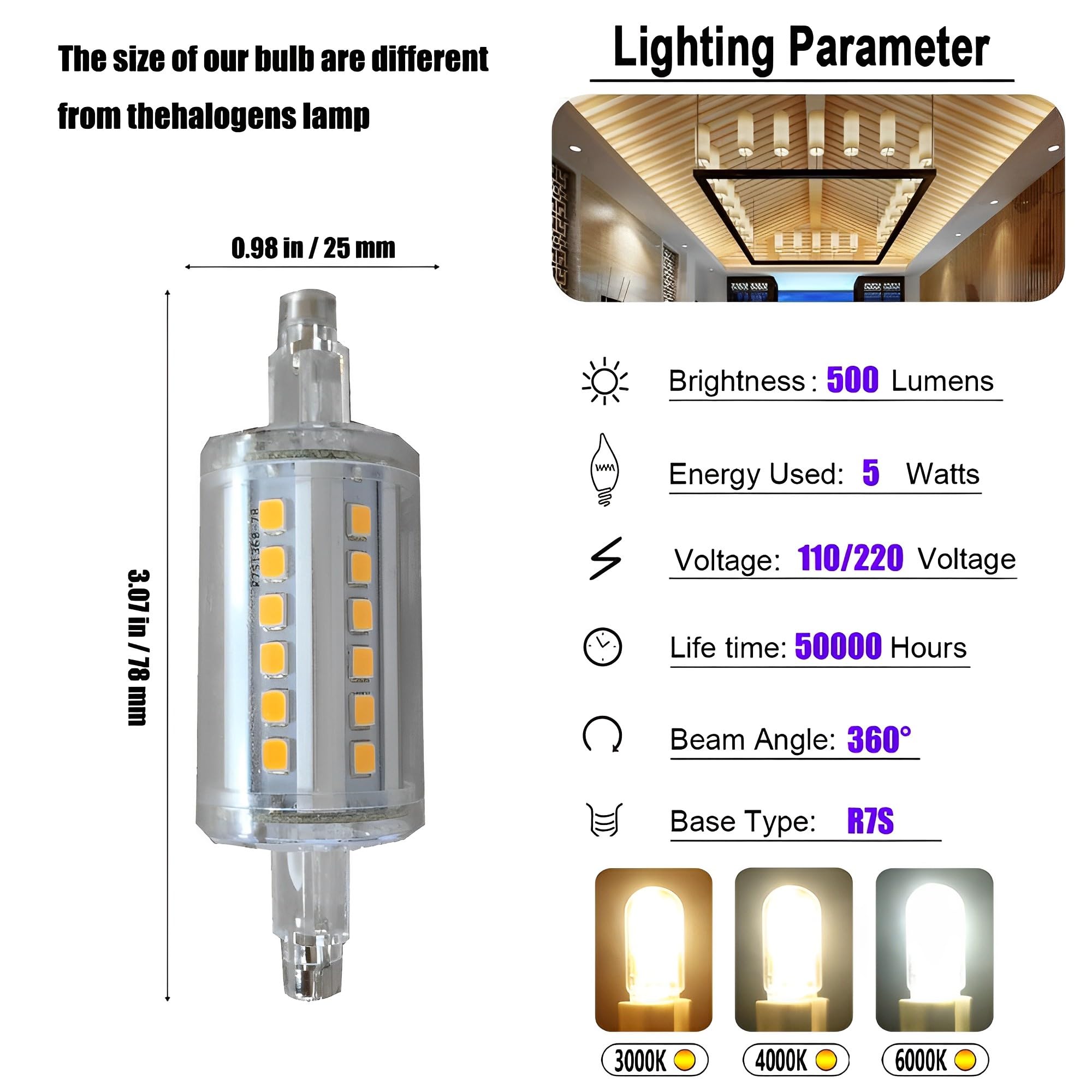5W 500LM R7S 78MM Bombillas LED Regulables R7S Base 50W Bombilla halógena de tungsteno Bombillas de Repuesto para iluminación de Taller Lámparas de pie (Paquete de 10)