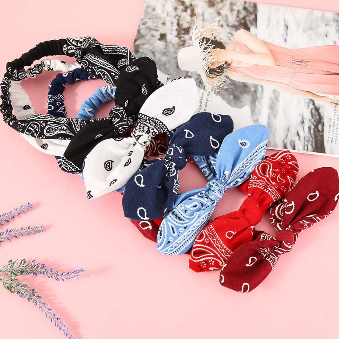 Fasce per Capelli con Fiocco, Carino Coniglio Orecchie Fasce, Stile Vintage Elastico Turbante Accessori Copricapo Cerchietti (6 Pezzi)